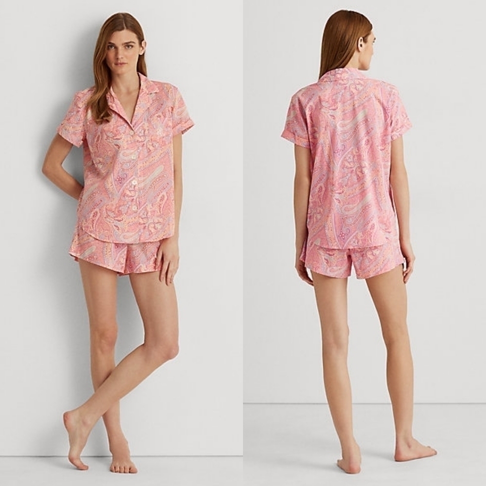 LAUREN Ralph Lauren Pink Paisley Notched Collar Short Sleeve Boxer Pajama Set M
